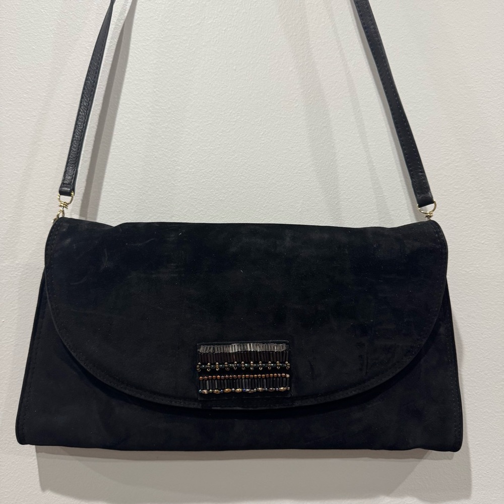 Mario Bologna Black Suede Clutch Crossbody Beaded‎ Detail